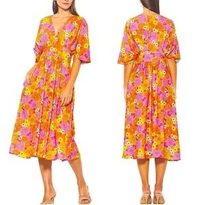 Alexia Admor V-Neck Puff Sleeve Midi Dress Floral size small